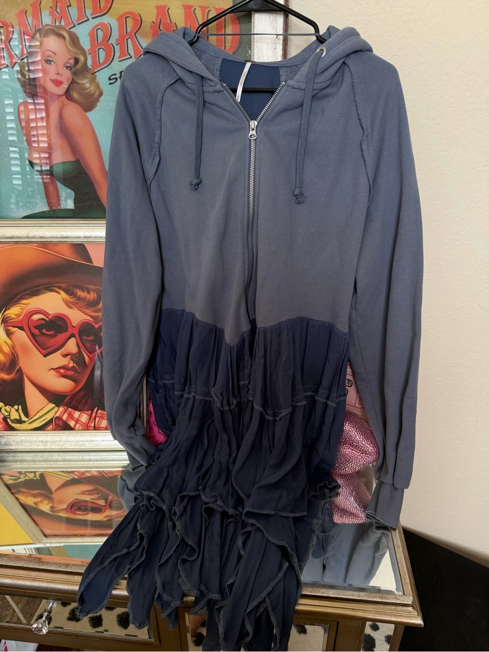 Free People Blue Zip Hoodie with Ruffle Skirt